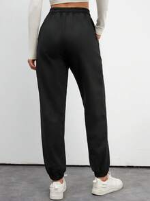 SHEIN Tall Cotton Tall Ladies' Drawstring Waist Solid Color Jogging Pants - Black - View 2