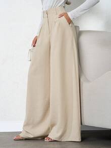SHEIN Tall 100%Cotton Tall Women Beige Deep Pleated Linen Pant - Beige - View 4