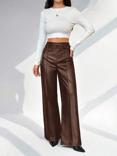 SHEIN PETITE Women's Minimalist Straight PU Solid Color Straight Pants, Casual Daily Wear, Suitable For Autumn/Winter, Petite Upgrade