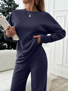 SHEIN Cottnline Women Beige Wide Leg And Top Two Pieces - Navy Blue - View 3