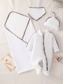Newborn Baby Pajamas-4 Piece Pajama Set White Plaid Trim Collared Long Sleeve Footed Romper Hat Bib Blanket Classic Elegant Gender Neutral Four Seasons Everyday Wear Special Occasion Holiday 2026 Must Have Premium Heirloom Quality Gift - White - View 6