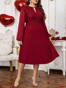 EMERY ROSE Plus Size Elegant Solid Color Contrast Lace Pleated Hem Dress, Autumn Valentine's Day Outfit Burgundy Plus Size Dress Pleated Dress Wedding Party Dress Fasching Women Costume  Valentine Outfits For Women Spring To Summer Mother Of The Bride Dress Plus Size - Burgundy - View 5