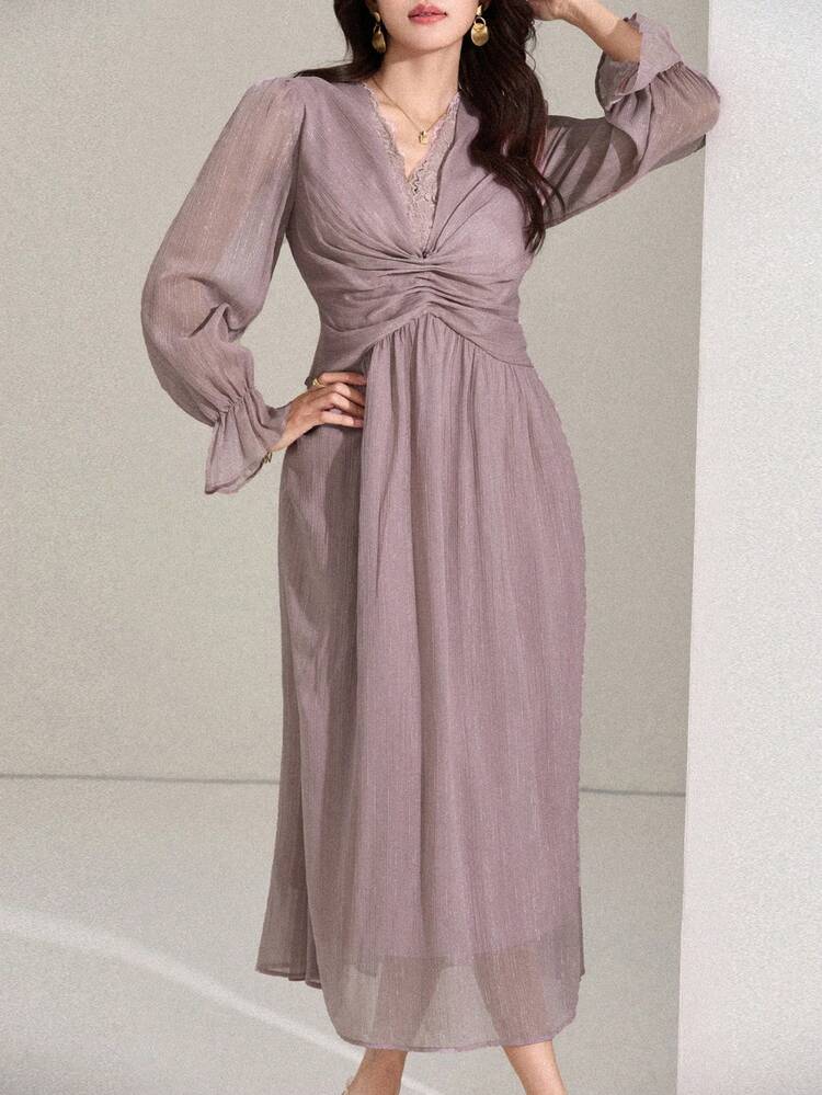 Women's V-Neck Lace Trim Long Sleeve Ruched Waist Dress Maxi Dress Sundress