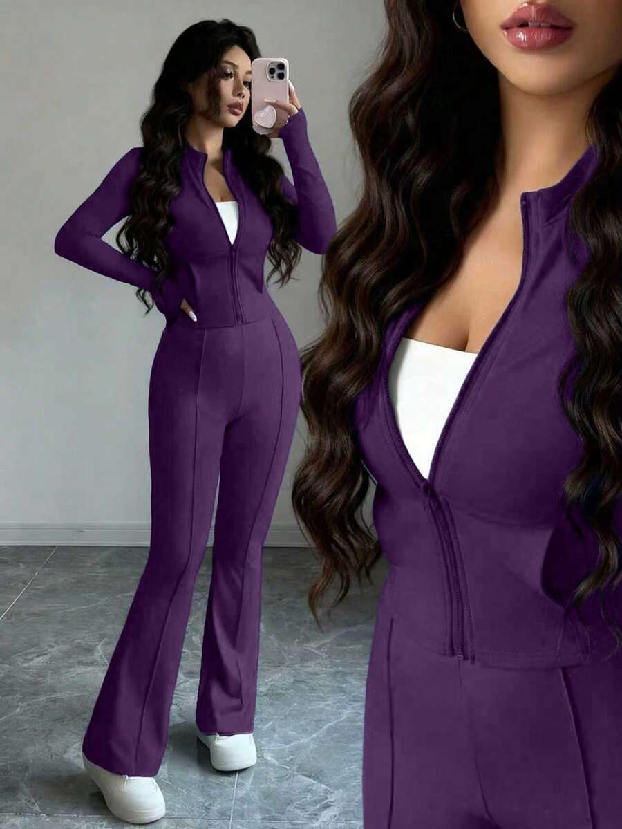 INAWLY Bộ 2 món dành cho nữ: áo khoác ngắn ôm sát có khóa kéo, cổ tàu và quần ống loe. - Màu tím - Xem 1