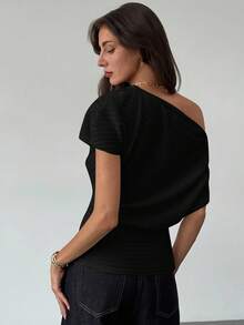Aloruh Women's Casual Solid Color Asymmetric Shoulder Fitted Blouse, Summer,Summer Top - Black - View 2