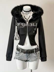 Jeanoix Women's Tight Fit Printed Patchwork Faux Fur Collar Hooded Sweatshirt - Black - View 1