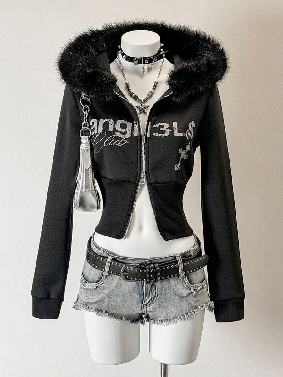 Jeanoix Women's Tight Fit Printed Patchwork Faux Fur Collar Hooded Sweatshirt - Black - View 1