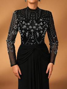 Serin Đầm maxi dài tay dáng đuôi cá sang trọng, đính cườm và sequin, chất liệu vải xuyên thấu, co giãn, họa tiết hoa, thích hợp cho đám cưới, tiệc tùng, kỳ nghỉ, dạ hội, tiệc cô dâu, váy dạ hội cho mẹ cô dâu (đính kết rất cầu kỳ). - màu đen - Xem 4