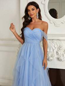 SHEIN Belle Adult Women's Off Shoulder Ruched Bust Asymmetrical Ruffled Hem Bridesmaid Dress - Baby Blue - View 7