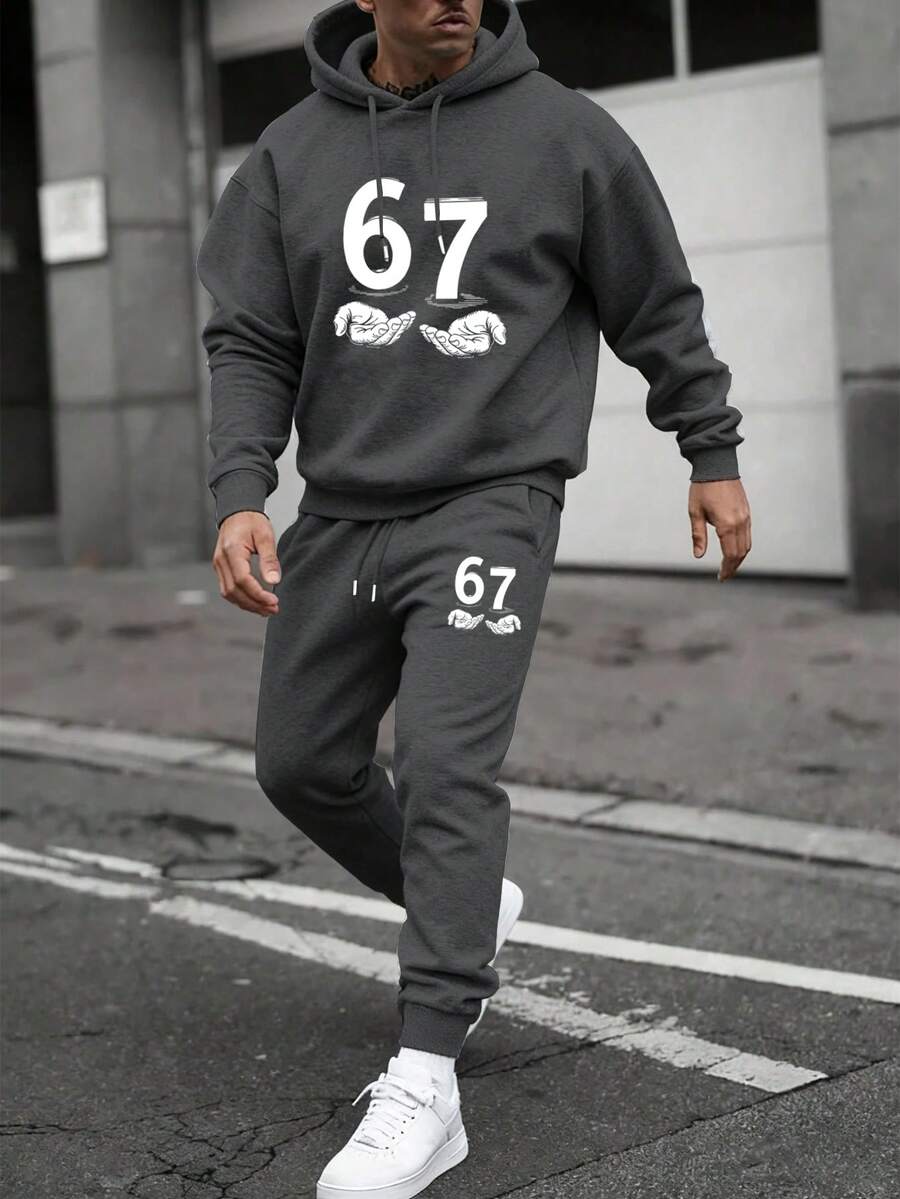 Manfinity Homme 男士休闲日常通勤时尚街头数字手势印花抽绳连帽抓绒卫衣和运动裤套装，秋冬男装，女士运动套装，男士两件套运动服，男士运动套装，男士两件套连帽衫，男士运动服，男士慢跑服