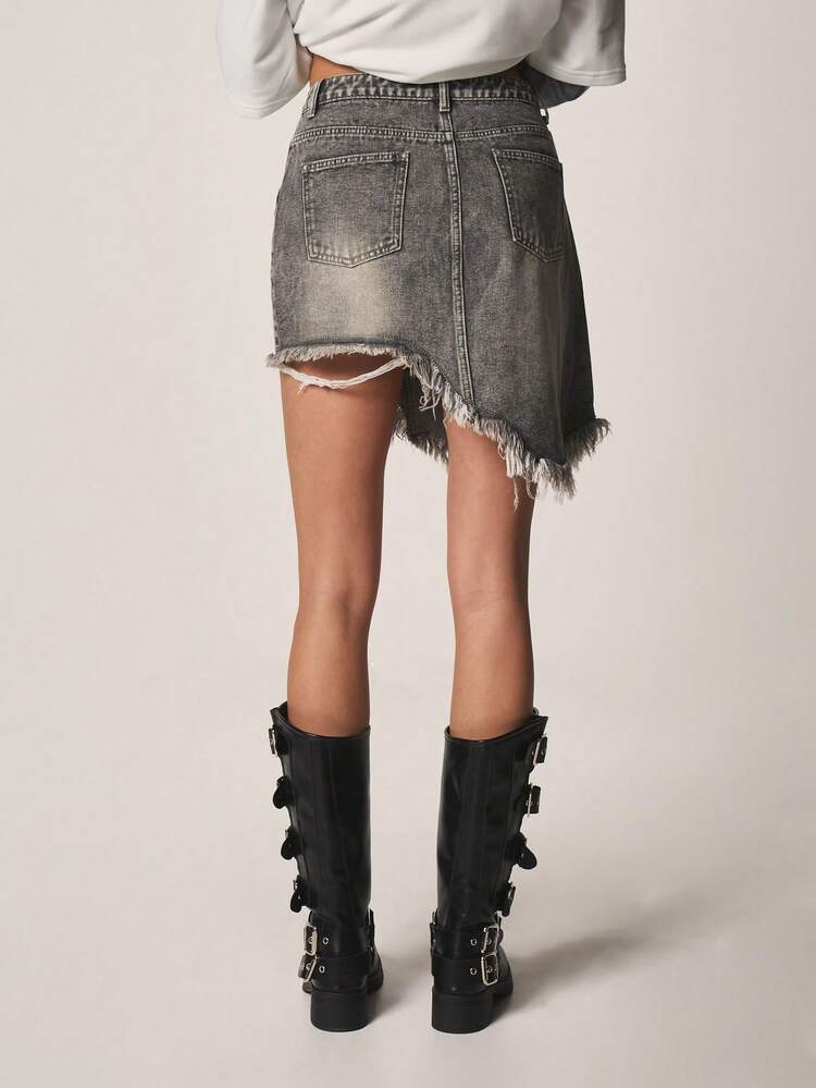 MISSGUIDED Asymmetric Hem Denim Mini Skirt With Frayed Edges Distressed Vintage Washed Casual Festival Summer Fashion