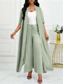 SHEIN Lady Bộ đồ đôi 2 mảnh dành cho nữ cỡ lớn, màu trơn, tay ngắn, gồm áo choàng và quần dài thắt eo, kiểu dáng thường ngày. - màu xanh lá - Xem 4