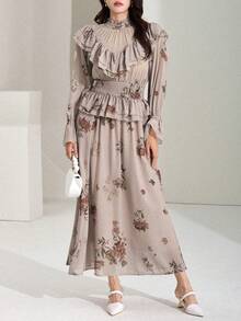 DAZY Women's Elegant Floral Print Ruffle Hem Top And Skirt 2-Piece Set - Pink - View 2