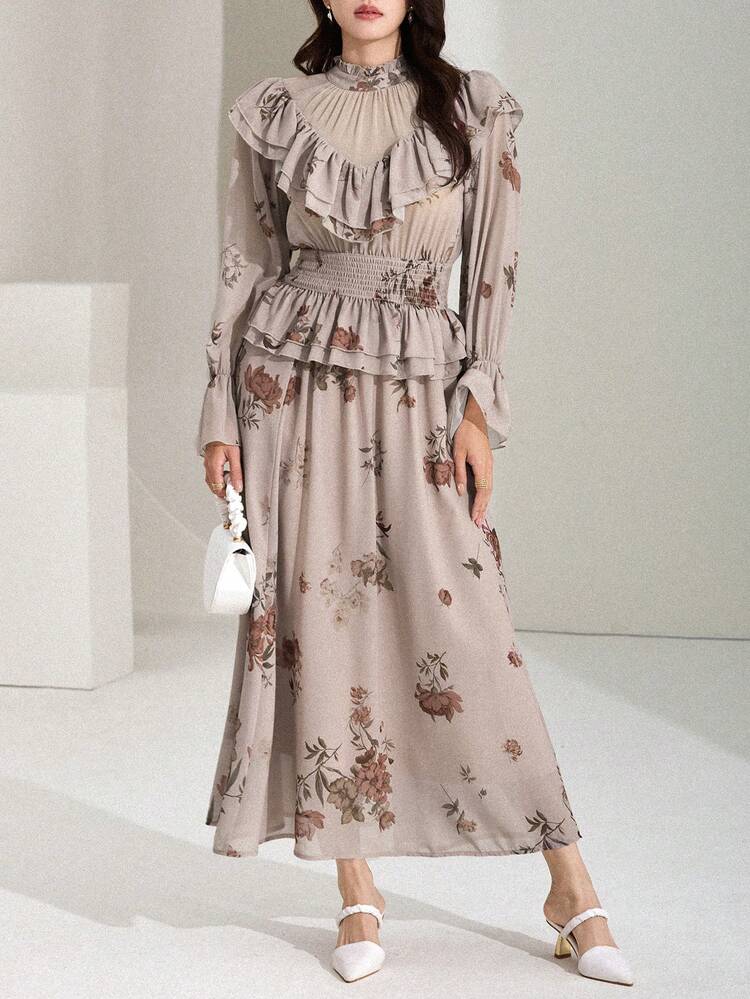 Women's Elegant Floral Print Ruffle Hem Top And Skirt 2-Piece Set