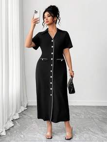 SHEIN Elenzya 大码纹理面料撞色针织条纹设计连衣裙 - 黑色 - 查看 4