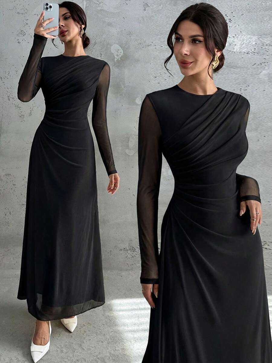 女士优雅正式办公通勤休闲度假派对复古教师秋季网纱纯色圆领腰部褶裥A字长袖连衣裙，浅黄色 - 黑色 - 查看 1