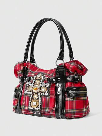 Grunge Punk Bolso de mano de gran capacidad con diseño de cremallera cruzada de estilo punk