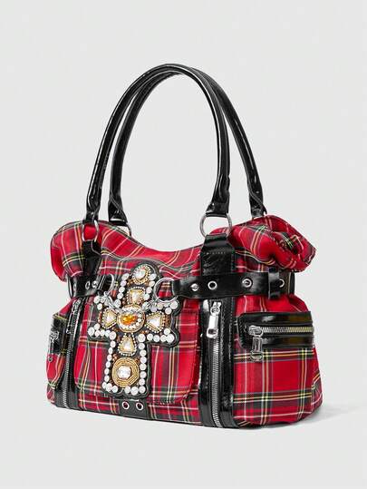 Grunge Punk Punk Style Cross Zipper Design Large Capacity Tote Bag