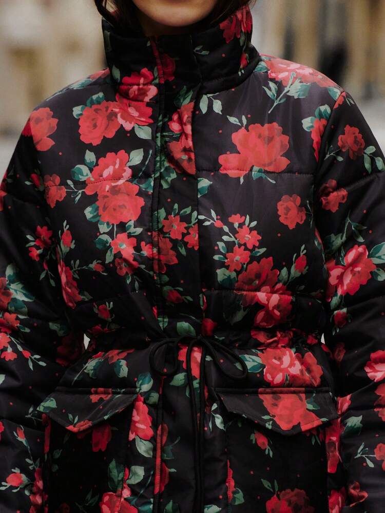 Black Floral Padded Jacket With Red Rose Print Adjustable Waist Tie And Front Flap Pockets Chic Winter Outerwear Spring Spring