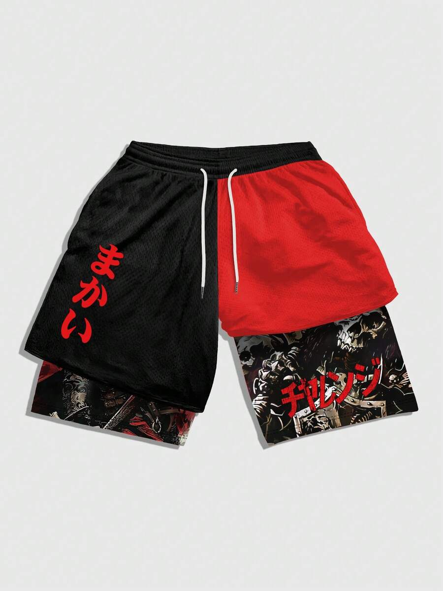 ROMWE MEN Anime 撞色弹力腰抽绳休闲百搭夏季短裤 - 彩色 - 查看 1