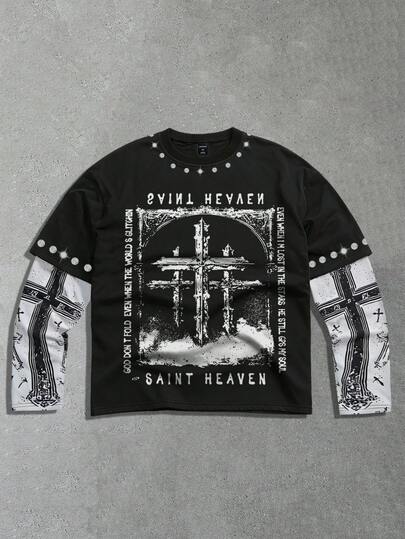 T-shirt col rond pour hommes 2 en 1 col rond, pull à manches longues, pull à manches longues avec imprimé croix de la foi, convient pour le port casual quotidien