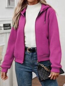Chaqueta de béisbol para mujeres - cremallera cerrada, con capucha de cuerda, envío en almacén local, material cómodo, estilo universal femenino, amante de la ropa callejera, otoño e invierno - Rosa Fucsia - Ver 3