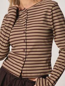 MISSGUIDED Women's Horizontal Striped Button Front Cardigan With Long Sleeves Ribbed Knit Fall Winter Cozy Layering Top - Multicolor - View 5