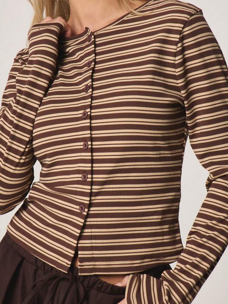 MISSGUIDED Women's Horizontal Striped Button Front Cardigan With Long Sleeves Ribbed Knit Fall Winter Cozy Layering Top