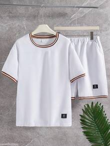 2pcs/Set Teenage Boys Casual Textured Floral Pattern T-Shirt Set, Ribbed Trim Splice Design, Suitable For Daily, Commute, Vacation And Leisure Wear Two Piece Boy Sets - White - View 7