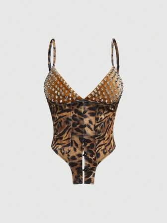 Grunge Punk Camiseta de mujer con estampado de leopardo, estilo hippie, punk y remaches