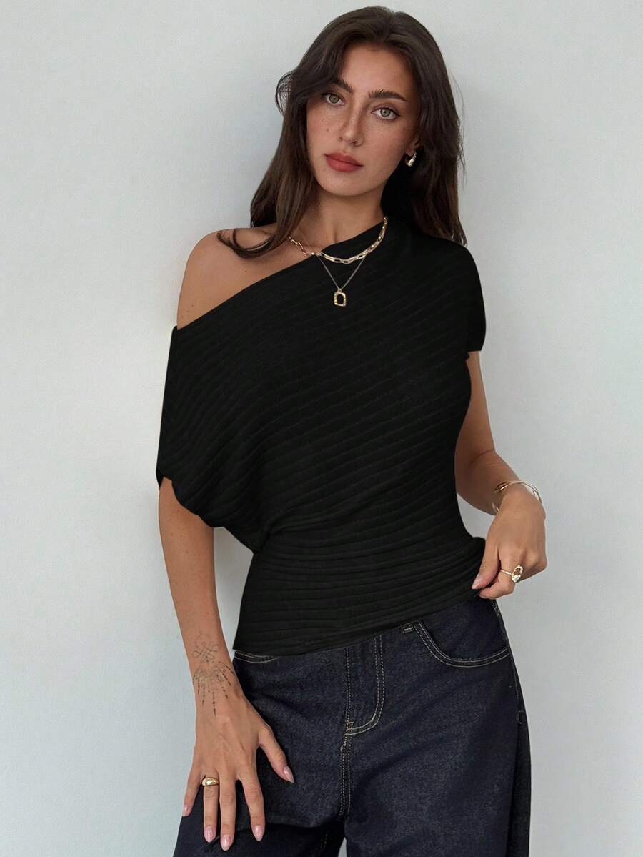 Aloruh Women's Casual Solid Color Asymmetric Shoulder Fitted Blouse, Summer,Summer Top - Black - View 1