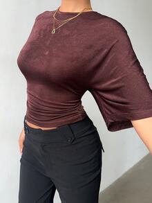 Aloruh Women's Round Neck Batwing Sleeve Ruched Cropped T-Shirt - Coffee Brown - View 4