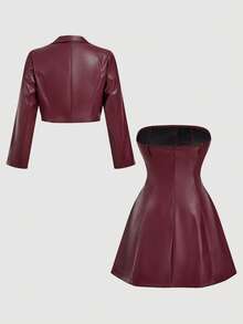 SHEIN MOD Plus Size Women's Fashion Winter Set, Street Style Solid Color PU Leather Lapel Collar Flap Detail Cropped Jacket And Single-Breasted Tube Dress Set,Burgundy Leather Suit,Burgundy Suit,Chic Women's Set ,Valentine Clothes,Wedding Clothes,Y2k Women Clothes Burgundy Outfit Women Leather Outfits For Women Winery Outfit Women,Spring Outfit Women Womens Fall Clothes Leather Set Luxury Clothes For Women