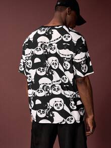 SHEIN Kung Fu Panda Men's Casual Panda Print Loose Fit Drop Shoulder T-Shirt, Fashionable Streetwear For Daily Commute, Summer - Black and White - View 2