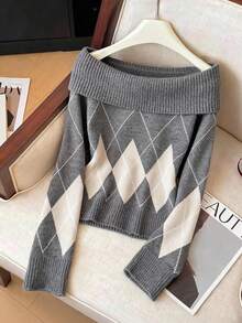 Franclia Rhombus Plaid Off Shoulder Thick Sweater For Women, Elegant Autumn/Winter - Dark Grey - View 1