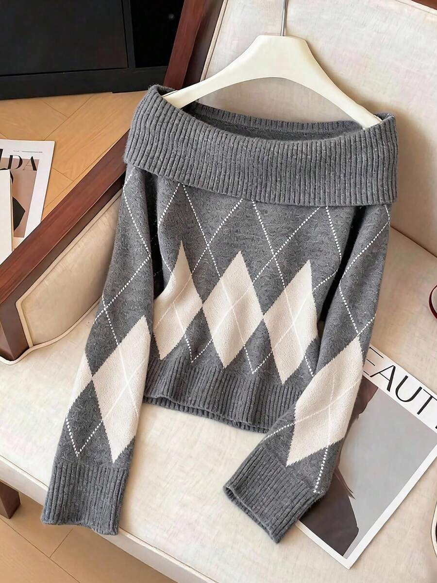 Franclia Rhombus Plaid Off Shoulder Thick Sweater For Women, Elegant Autumn/Winter - Dark Grey - View 1