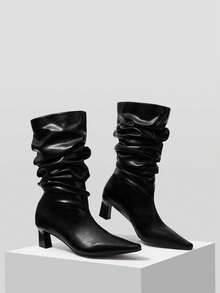 Mnmlis 女士时尚低跟法式优雅叠跟尖头踝靴 - 黑色 - 查看 7