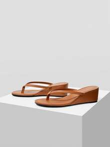 Mnmlis 高级棕色人字拖，女性魅力，5厘米坡跟凉鞋，户外休闲度假高跟凉鞋 - 皮革棕色 - 查看 3