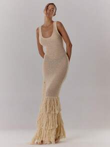 MUSERA Đầm maxi cổ tròn dệt kim tua rua xẻ tà, gợi cảm, thích hợp cho kỳ nghỉ hè ở Ibiza, du lịch dễ thương, tiệc cưới, tiệc mùa thu, sinh nhật, đi nhà thờ, tiệc mùa thu, lễ tình nhân, mùa xuân, tiệc cô dâu, tiệc độc thân, lễ Phục sinh, đầm dài. - Màu be - Xem 5