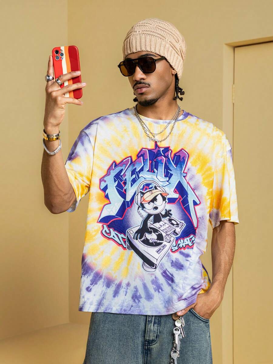 Felix The Cat X SHEIN Áo thun nam tay ngắn cổ tròn in hình mèo nhuộm màu tie-dye, kiểu dáng thường ngày, thích hợp cho mùa hè. - Nhiều màu - Xem 1