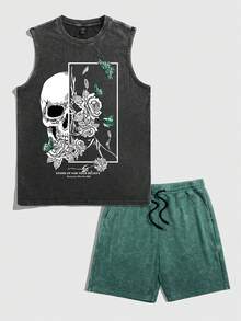 ROMWE MEN Goth Men's Casual Skull Print Tank Top Set - Multicolor - View 1