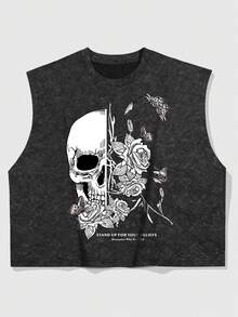 ROMWE MEN Goth Men's Printed Crew Neck Sleeveless Loose Short Tank Top - Black - View 3