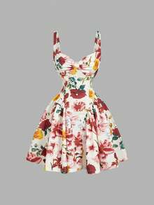 SHEIN MOD 女士碎花褶皱腰身优雅吊带迷你连衣裙 - 彩色 - 查看 8