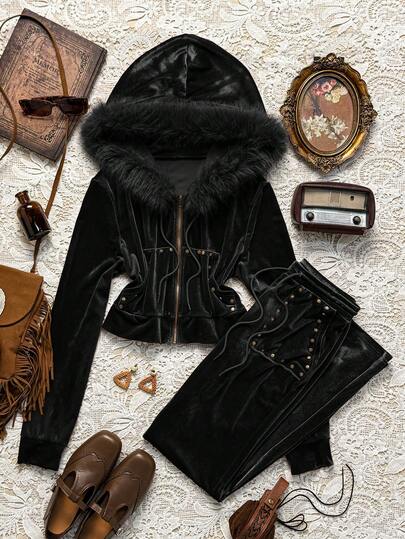 Easelle 2pcs Vintage Boho Cropped Velvet Studded Faux Fur Hat & Top Set, Comfortable Sexy Personalized, Women's Fall Clothes Women Winter Clothes