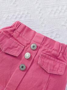女婴可爱休闲舒适牛仔两件套 - 玫紅色 - 查看 4