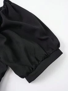 Selianne Blusa de mujer de unicolor con mangas cortas abultadas, con botones y volantes en el bajo, de moda - Negro - Ver 7