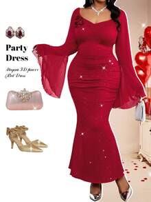 Fleurora 大码水钻装饰长袖花卉点缀红色连衣裙 - 紅色 - 查看 6