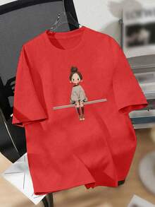 EMERY ROSE 休闲修身女式加大码T恤，印有穿着羽绒服坐在椅子上的小女孩图案，夏季款 - 紅色 - 查看 1