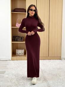 SHEIN PETITE 女士优雅纯色高领长袖修身连衣裙，春夏长裙，黑色长裙，夏季性感长裙，长袖长裙 - 酒紅色 - 查看 4