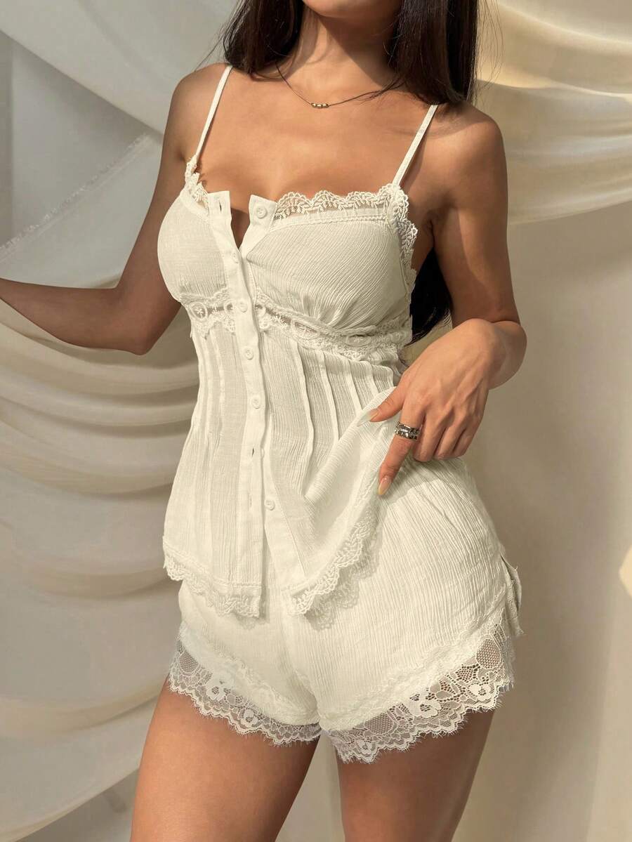 SHEIN EZwear 女士夏季休闲度假风撞色蕾丝修身吊带背心和短裤两件套 - 杏色 - 查看 1